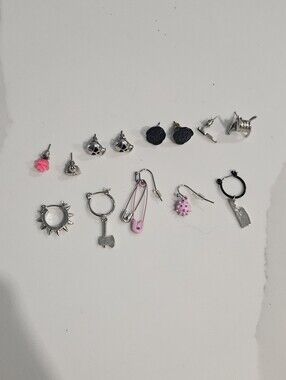Assorted Pink & Silver Punk Earring Set - Cute Safety Pin & Stud Earring Lot
